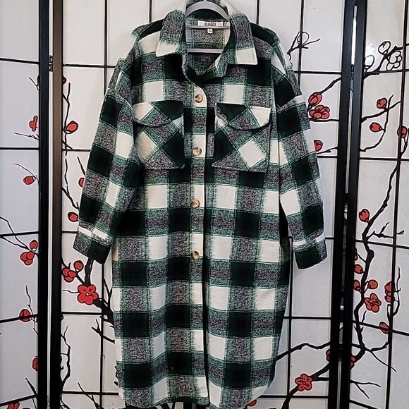 Steve Madden BB Dakota SANTA CRUZ LONG SHACKET IN GREEN PLAID VENDOR - Picture 5 of 7